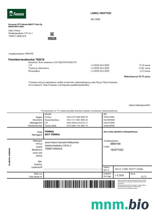 Szablon rachunku firmy ubezpieczeniowej Finland Fennia w formacie Word i PDF